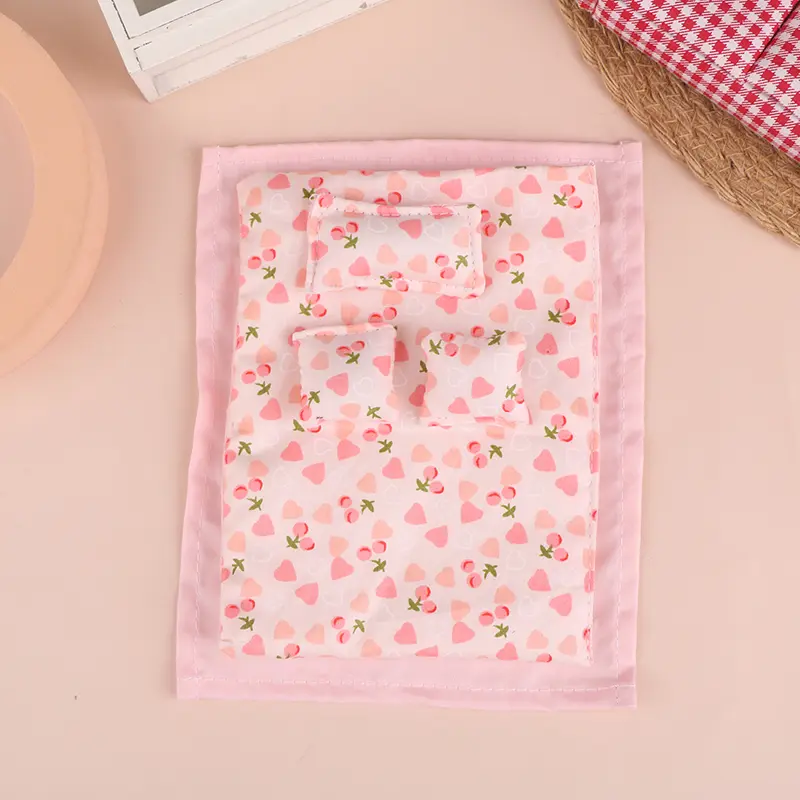 1Set 1:12 Dollhouse Miniature Bed Four Piece Bed Set Bed Sheet Quilt Pillow Quilt Cover Bedroom Bedding Model Decor Toy