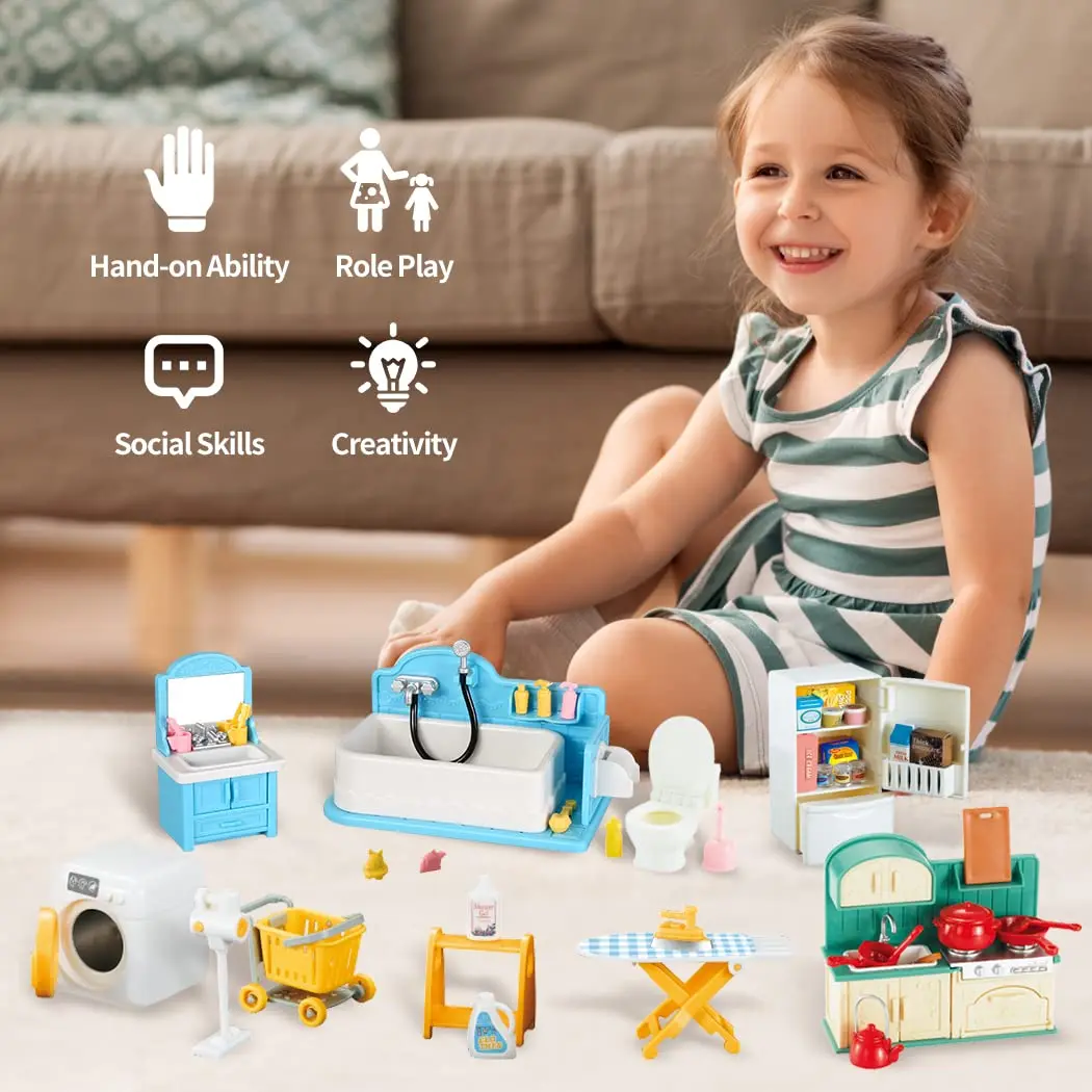 Doll House 1:12 Miniature Furniture Kitchen Toy Dining Table Dollhouse Accessories Montessori Bedroom Bathroom For Girl Gift