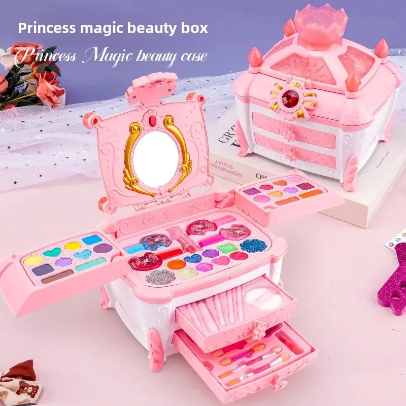 Portable Princess Makeup Toy Set for Girls Pretend Play Cosmetic Kit Children's Gift Hairbrush And Jewelry Included