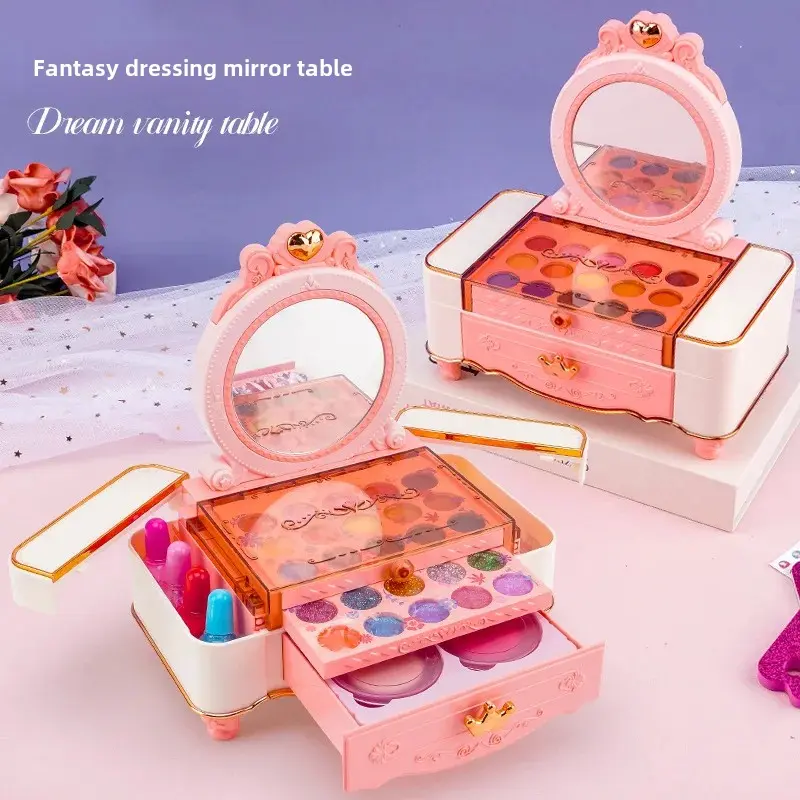 Portable Princess Makeup Toy Set for Girls Pretend Play Cosmetic Kit Children's Gift Hairbrush And Jewelry Included