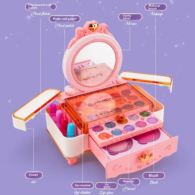 Portable Princess Makeup Toy Set for Girls Pretend Play Cosmetic Kit Children's Gift Hairbrush And Jewelry Included