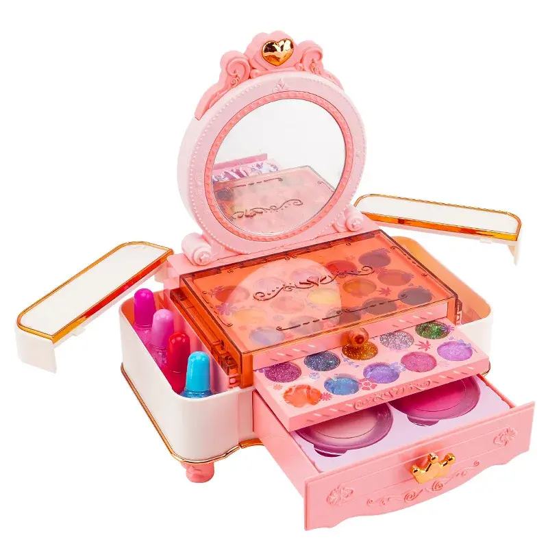 Portable Princess Makeup Toy Set for Girls Pretend Play Cosmetic Kit Children's Gift Hairbrush And Jewelry Included