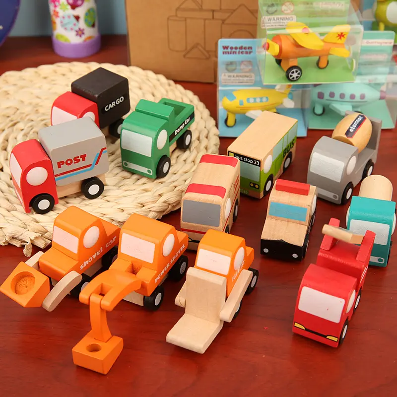 6pcs Set Kids Wooden Mini Cars Toy Cartoon Simulation Transportation Airplane Truck Model Montessori Education Toy Gift For Baby