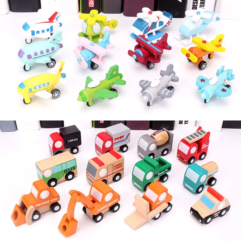 6pcs Set Kids Wooden Mini Cars Toy Cartoon Simulation Transportation Airplane Truck Model Montessori Education Toy Gift For Baby