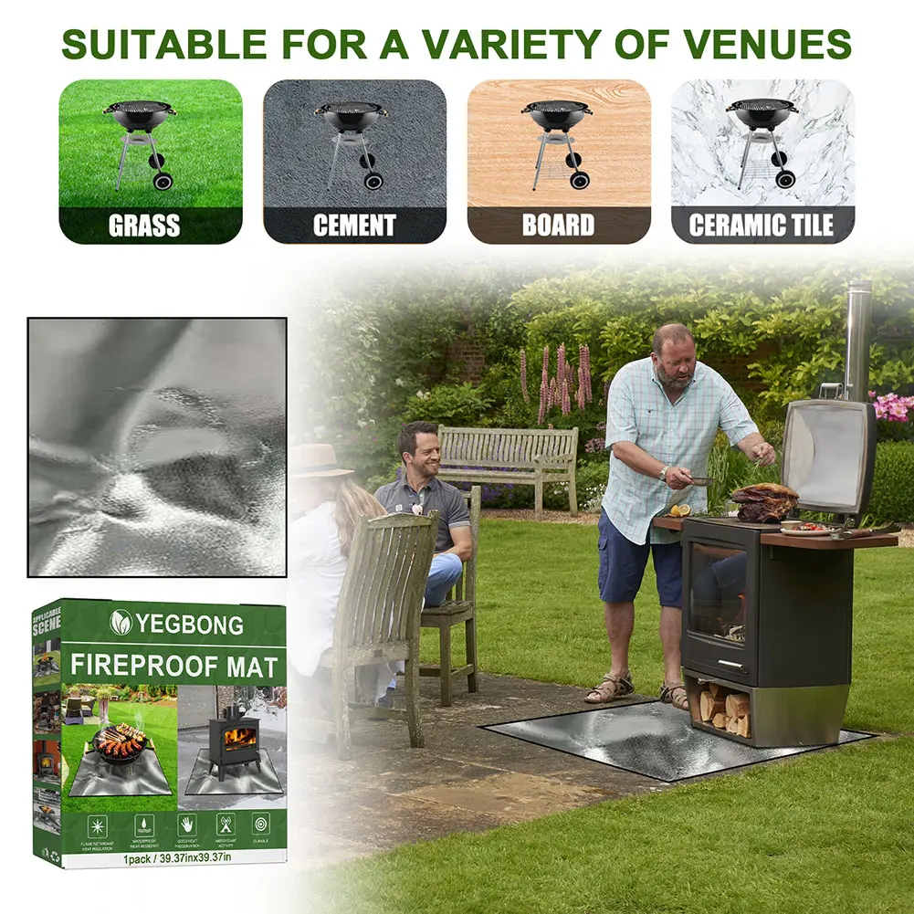 100cmx100cm Fireproof Mat Heat Resistant Fire Retardant Base Pad 3 Layers Large Fire Pit Mat for Grass Outdoor for Deck Patio