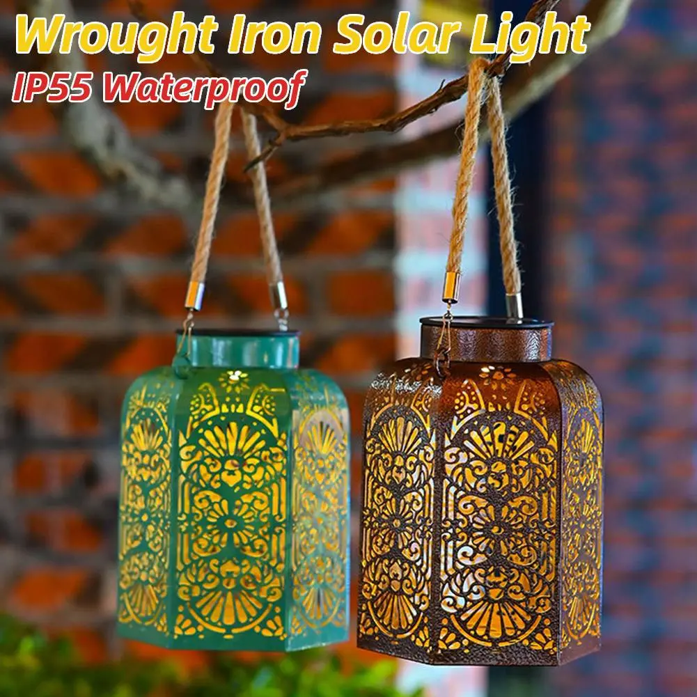 Wrought Iron Solar Light Floral Print Metal Projection Light Hollowed Hanging Light Garden Decor Light for Outdoor Garden Decor
