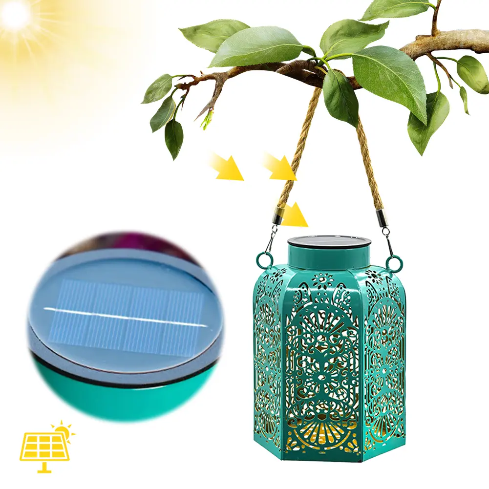 Wrought Iron Solar Light Floral Print Metal Projection Light Hollowed Hanging Light Garden Decor Light for Outdoor Garden Decor