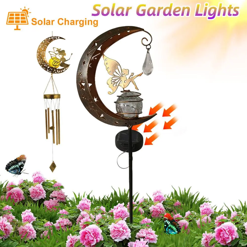 Moon Fairy Solar Lights Outdoor Garden Decorations Crackle Glass Globe with Angel Pathway Stake Light Waterproof Lights for Path