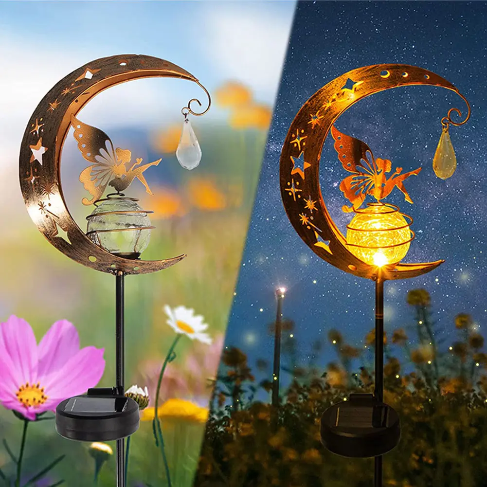 Moon Fairy Solar Lights Outdoor Garden Decorations Crackle Glass Globe with Angel Pathway Stake Light Waterproof Lights for Path