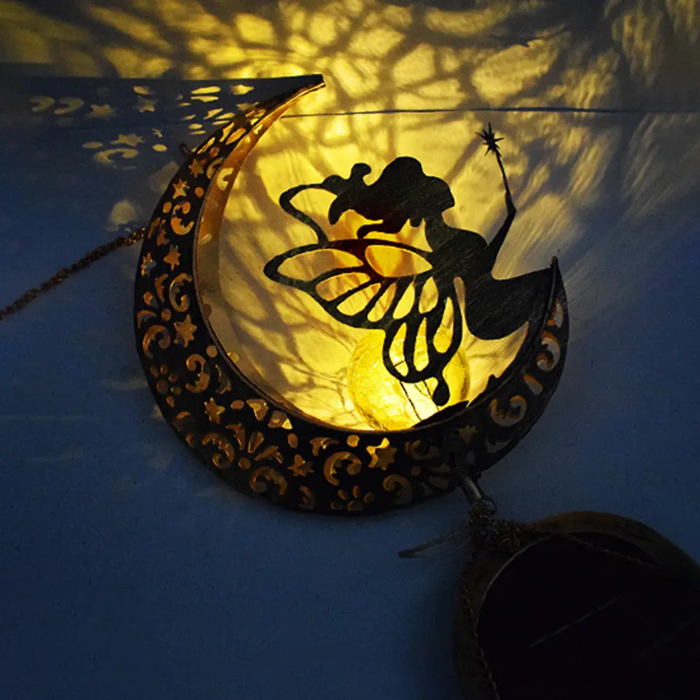 Moon Fairy Solar Lights Outdoor Garden Decorations Crackle Glass Globe with Angel Pathway Stake Light Waterproof Lights for Path