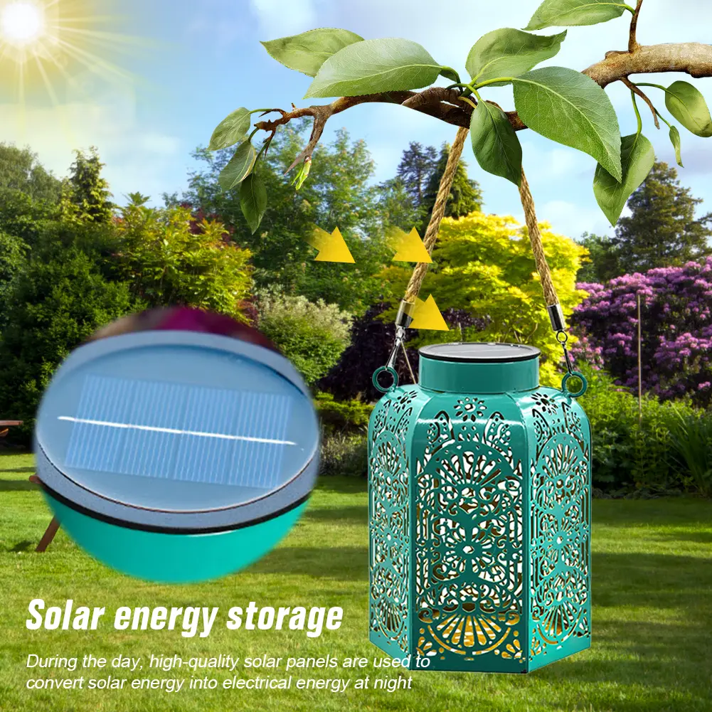 Wrought Iron Solar Light Floral Print Metal Projection Light Hollowed Hanging Light Garden Decor Light for Outdoor Garden Decor