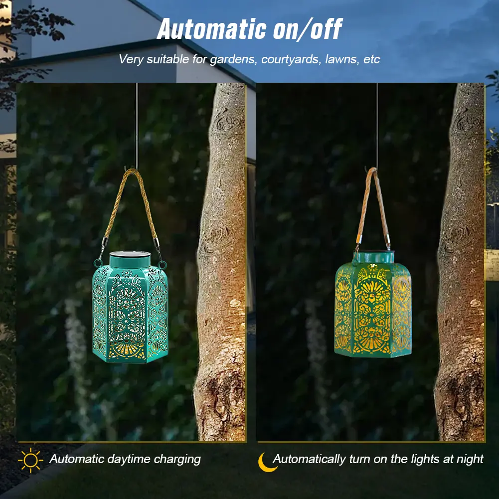 Wrought Iron Solar Light Floral Print Metal Projection Light Hollowed Hanging Light Garden Decor Light for Outdoor Garden Decor
