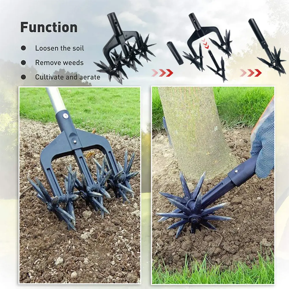2 In 1 Garden Rotary Tiller Lawn Ripper Land Aerator Gardening Tool Weeding Digging Grass Turning Tool Loose Soil Aerator