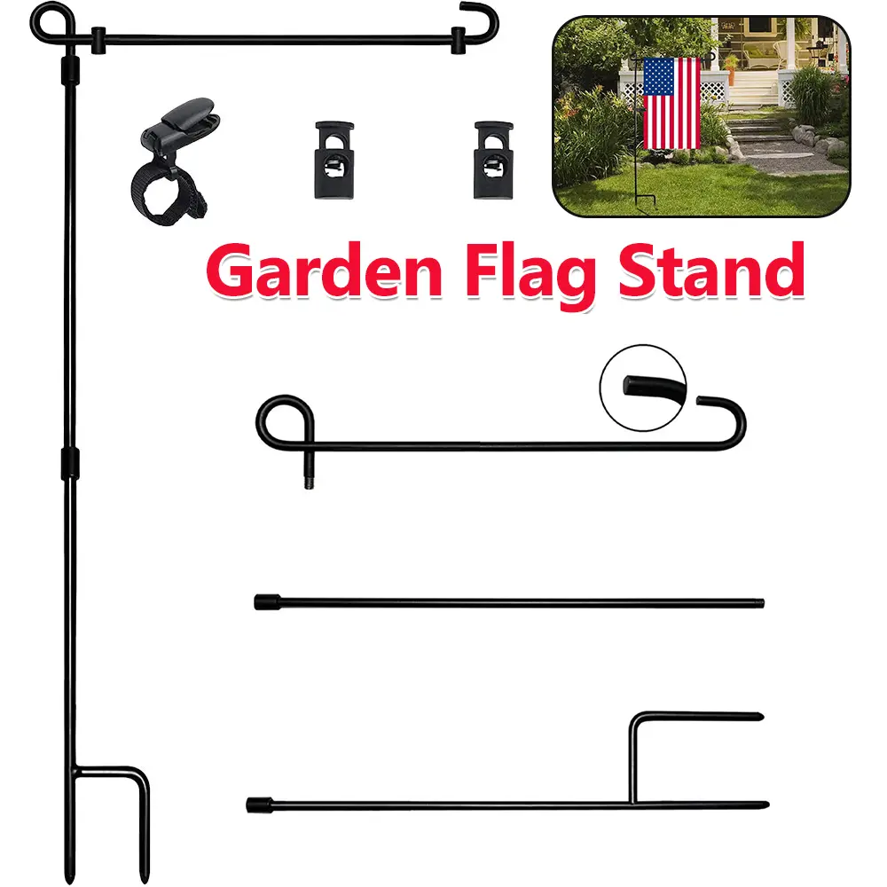 Garden Flag Stand Garden Flag Pole Holder with Clip and Stopper Garden Flag Holder Stand Metal for Outdoor Garden Lawn Parts