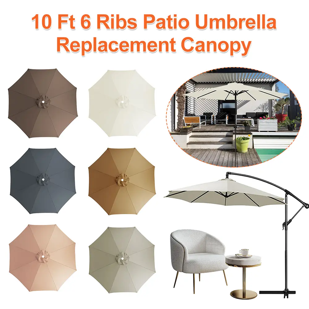10 Ft 6 Ribs Patio Umbrella Replacement Canopy Waterproof Outdoor Umbrella Cover Multi-Function for Summer Beach No Bracket