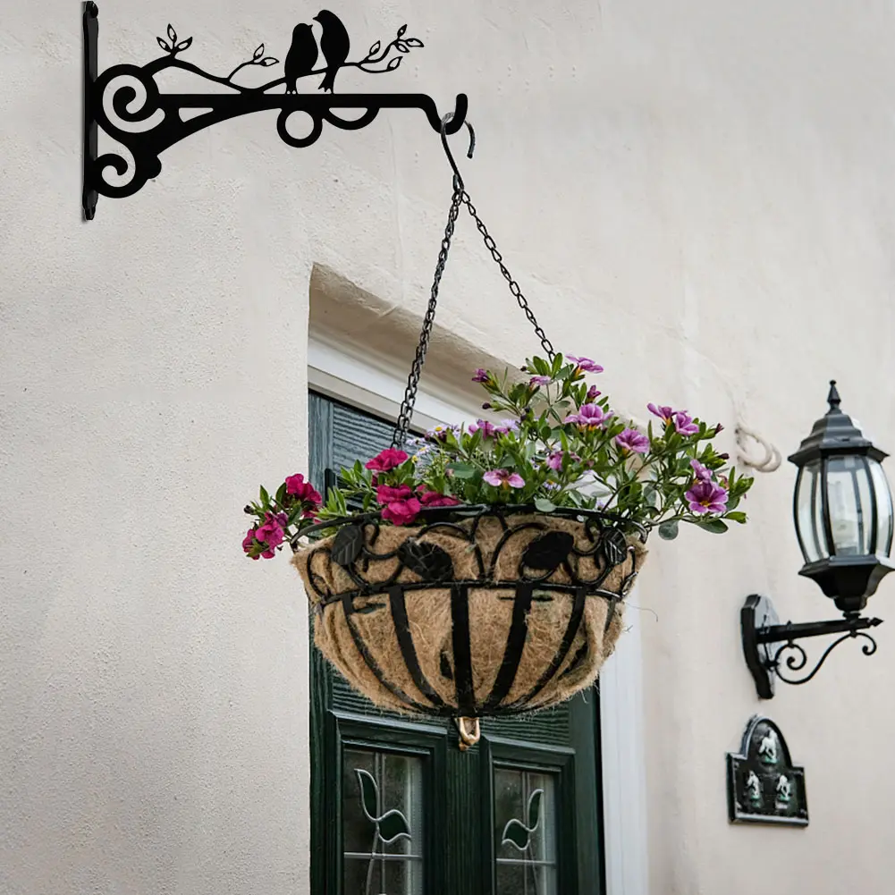 Metal Flower Basket Holder Bird Pattern Wall Mounted Bracket Hanger Wide Base Anti-corrosion for Outdoor Indoor Garden Street