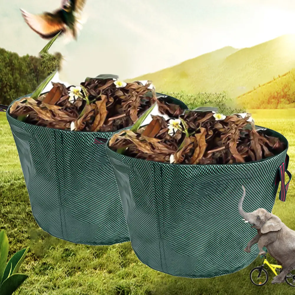 50L Garden Waste Bags Waterproof Trash Storage Container Reusable Tote Debris Container with 4 Handles Foldable for Garden Yard