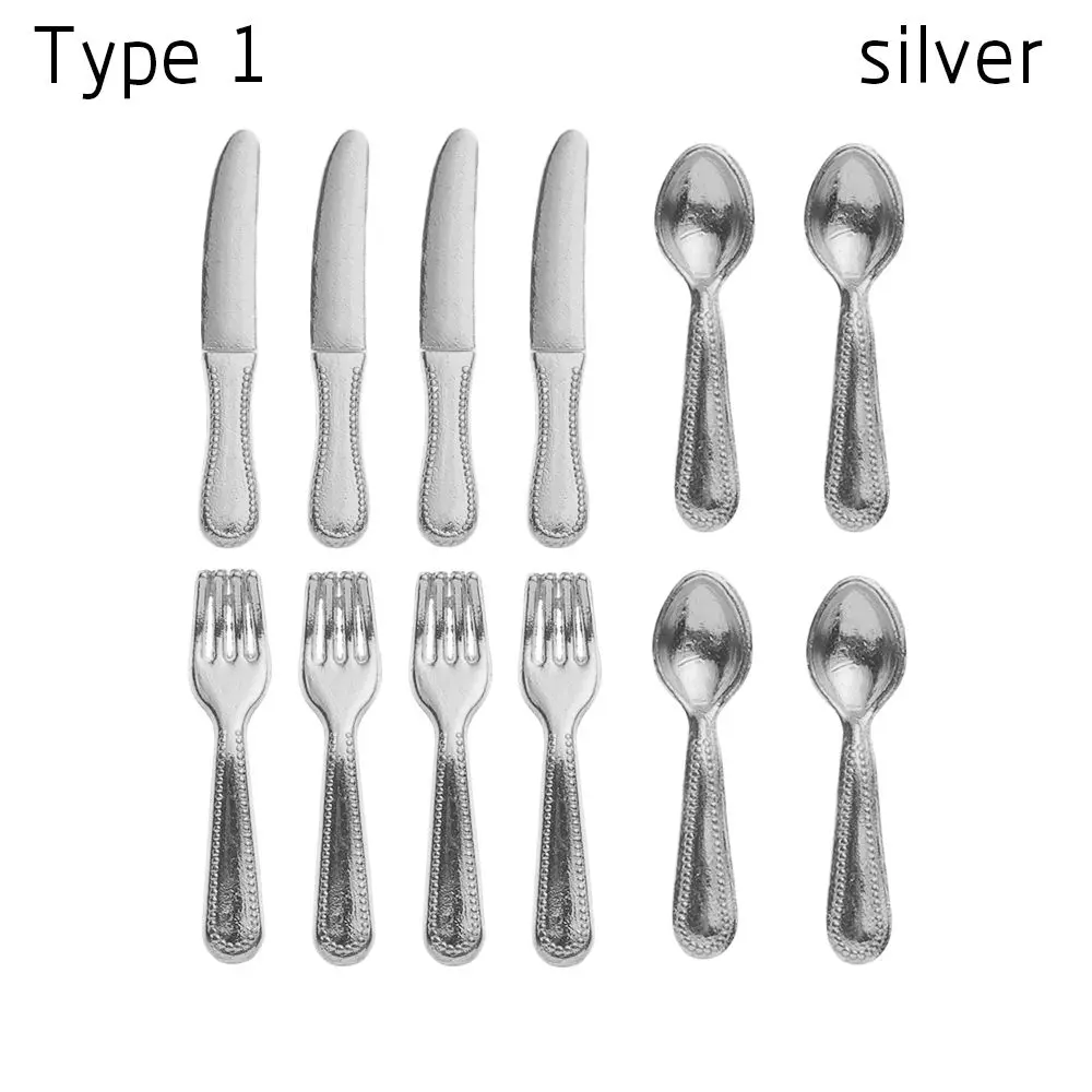 12PCS Gold Silver 1:12 Scale Simulation Toy Dollhouse Furniture Mini Cutlery Doll Accessory Fork Knife Spoon Miniature Cookware