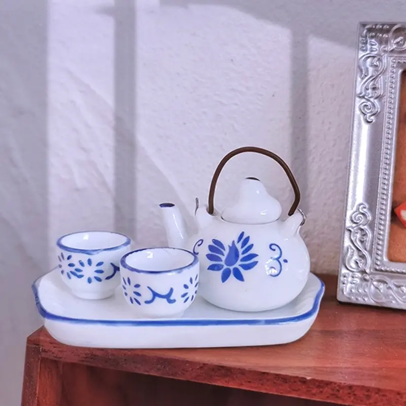 1:12 Miniature Porcelain Tea Cup Set Flower Tableware Kitchen Dollhouse Furniture Toys For Children Tea Cups Doll Accessories