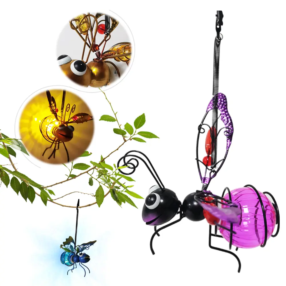 Solar Hanging Bee Light Waterproof Metal LED Outside Bugs Outdoor Hanging Lights for Outside Garden Decor Backyard Balcony Porch