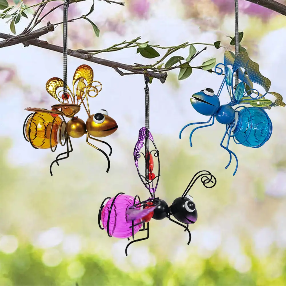 Solar Hanging Bee Light Waterproof Metal LED Outside Bugs Outdoor Hanging Lights for Outside Garden Decor Backyard Balcony Porch
