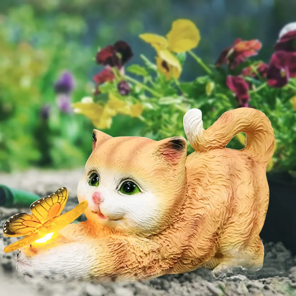 Cat Solar Garden Statue Solar Garden Statue Cat Housewarming Gift Outdoor Decoration with Cat Holding Butterfly for Yard Patio