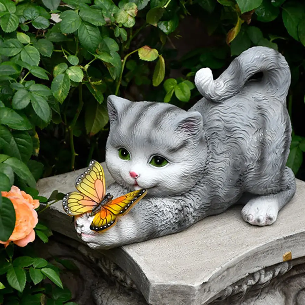 Cat Solar Garden Statue Solar Garden Statue Cat Housewarming Gift Outdoor Decoration with Cat Holding Butterfly for Yard Patio