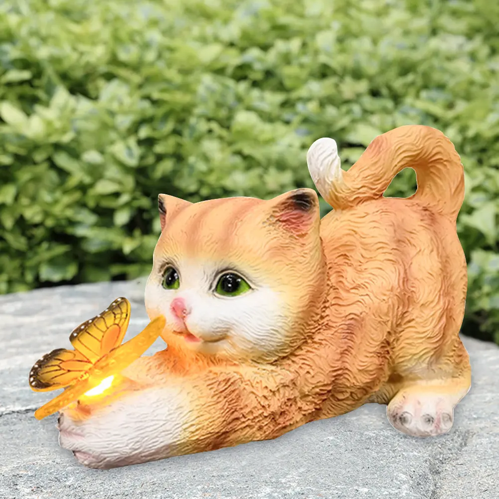 Cat Solar Garden Statue Solar Garden Statue Cat Housewarming Gift Outdoor Decoration with Cat Holding Butterfly for Yard Patio
