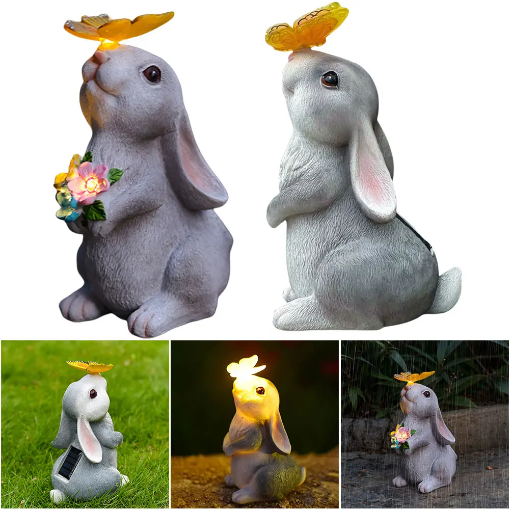 Solar Bunny Statue with LED Light Rabbit Garden Statue with Butterfly Rabbit Figurine for Yard and Garden Decoration