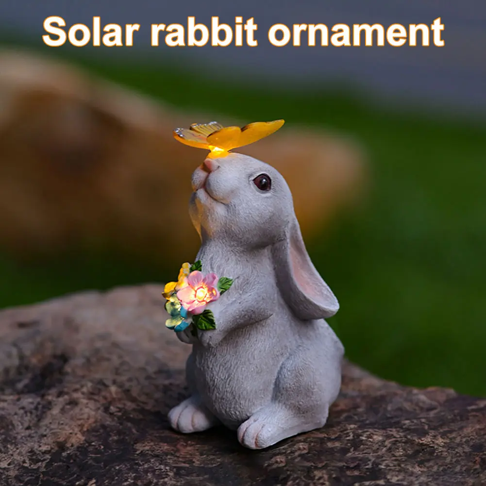 Solar Bunny Statue with LED Light Rabbit Garden Statue with Butterfly Rabbit Figurine for Yard and Garden Decoration