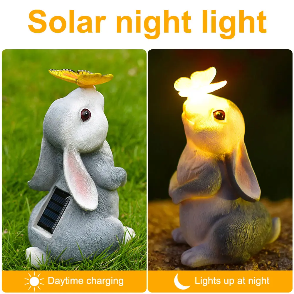 Solar Bunny Statue with LED Light Rabbit Garden Statue with Butterfly Rabbit Figurine for Yard and Garden Decoration