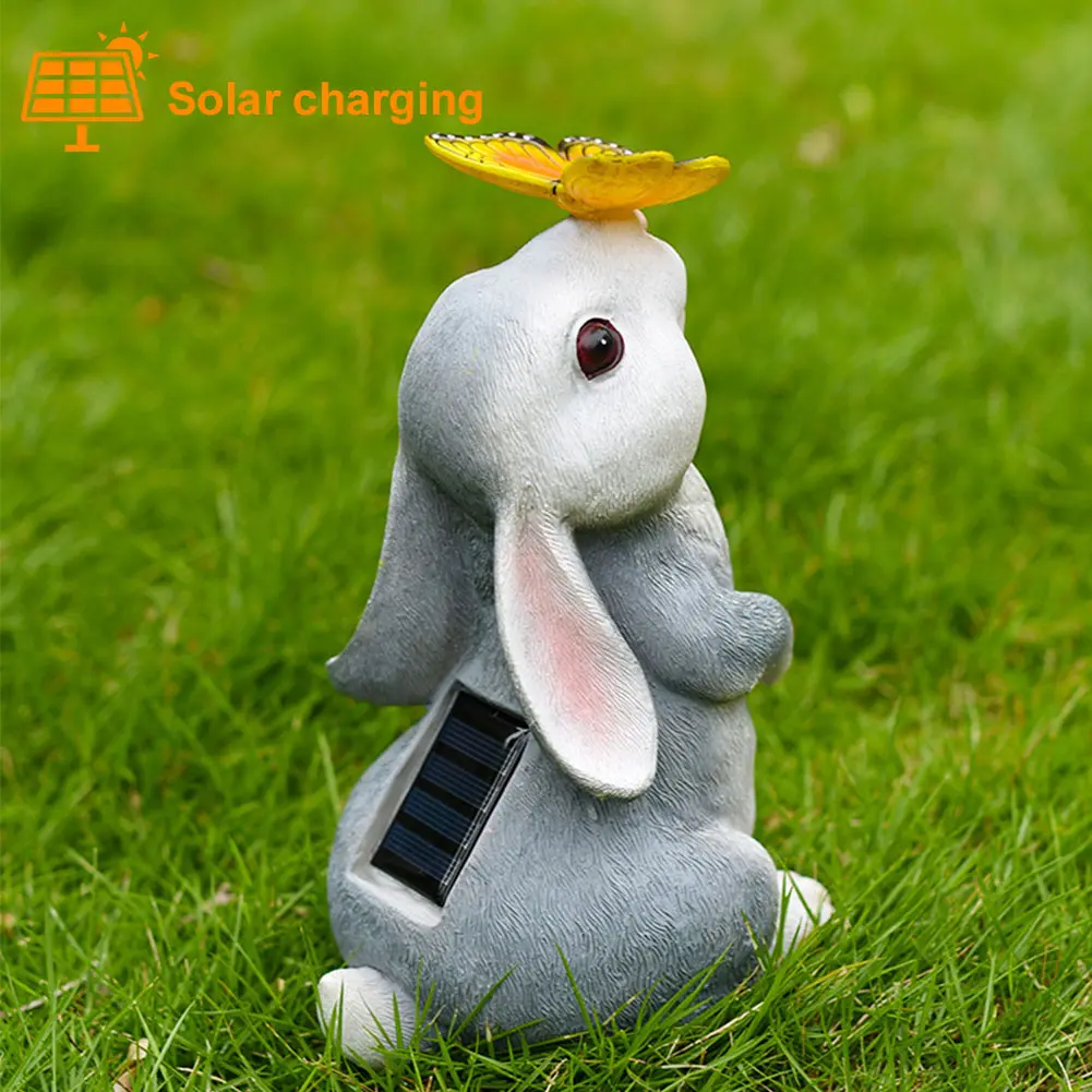 Solar Bunny Statue with LED Light Rabbit Garden Statue with Butterfly Rabbit Figurine for Yard and Garden Decoration