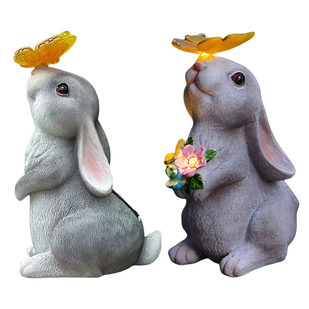 Solar Bunny Statue with LED Light Rabbit Garden Statue with Butterfly Rabbit Figurine for Yard and Garden Decoration