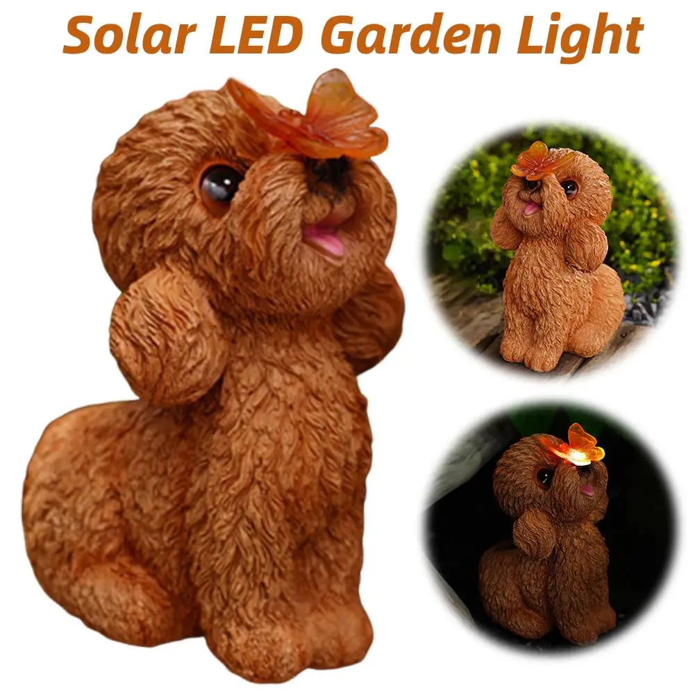 Solar Dog Statue Light Cute Puppy Statue Waterproof Resin Dog Butterfly Figurine Teddy Dog Sculpture for Outdoor Decoration