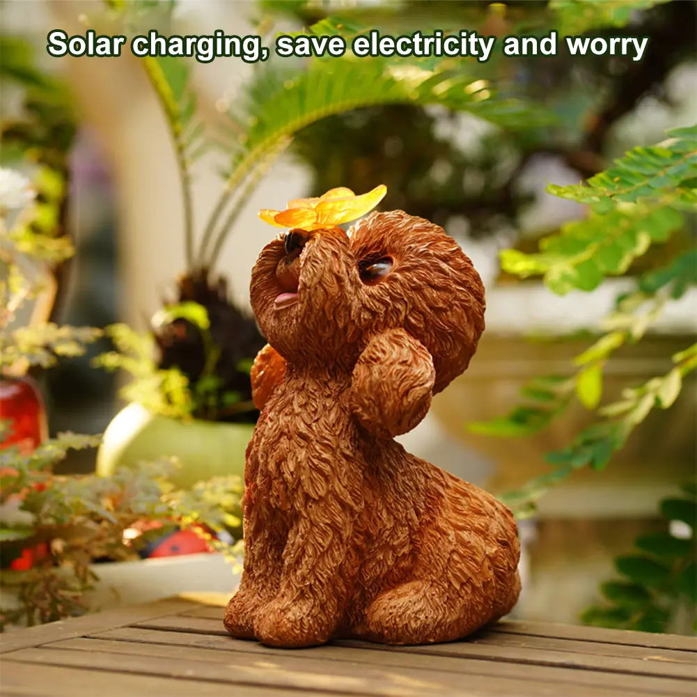Solar Dog Statue Light Cute Puppy Statue Waterproof Resin Dog Butterfly Figurine Teddy Dog Sculpture for Outdoor Decoration