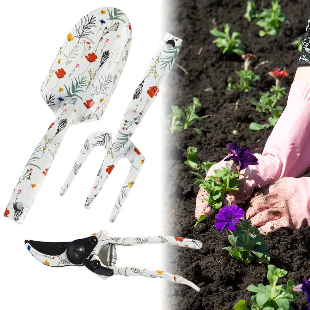 3 Piece Aluminum Gardening Tool Kit Garden Rake and Hand Trowel Garden Printing Tool Set Hand Rake Pruning Shear and Trowel