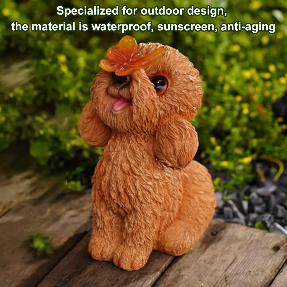 Solar Dog Statue Light Cute Puppy Statue Waterproof Resin Dog Butterfly Figurine Teddy Dog Sculpture for Outdoor Decoration