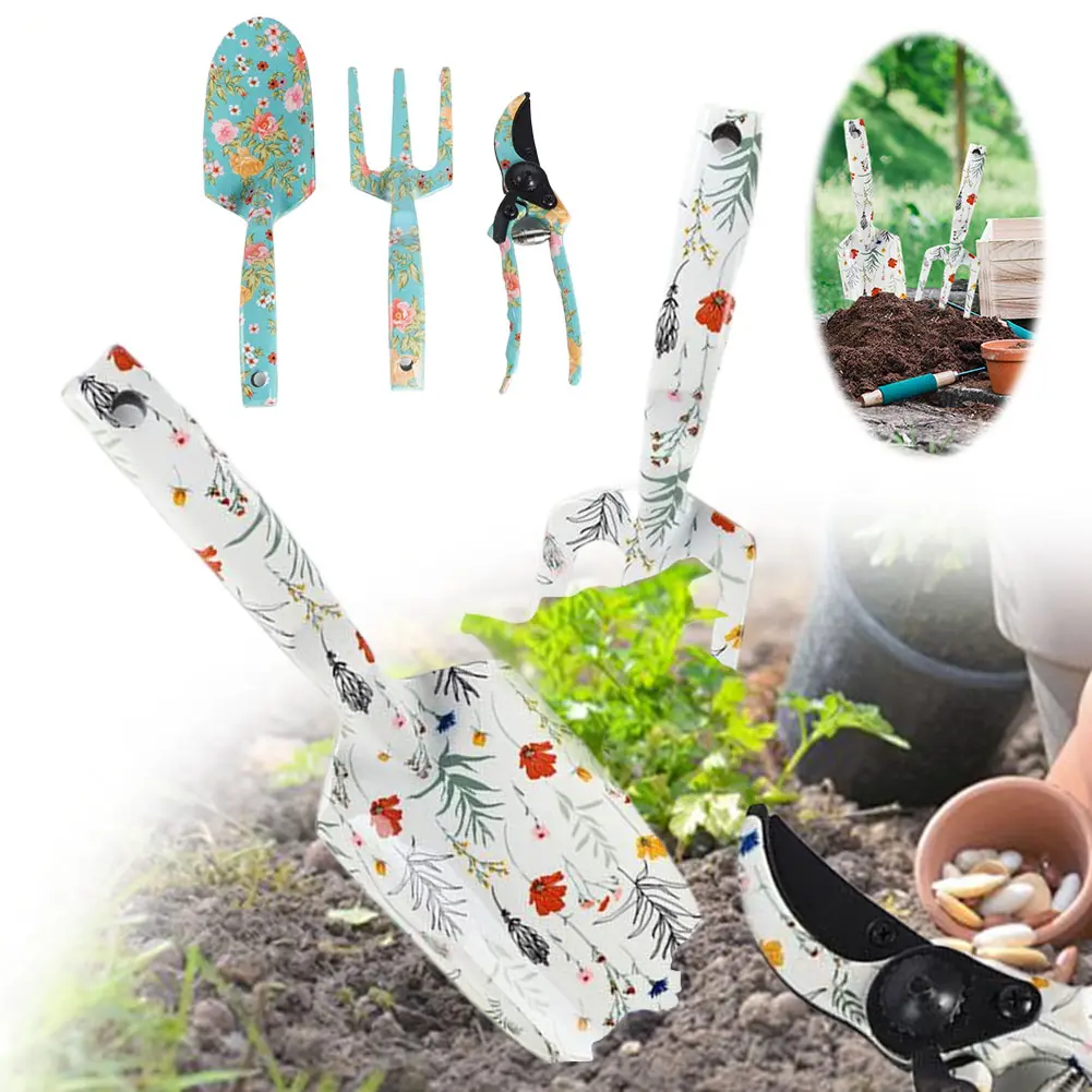 3 Piece Aluminum Gardening Tool Kit Garden Rake and Hand Trowel Garden Printing Tool Set Hand Rake Pruning Shear and Trowel