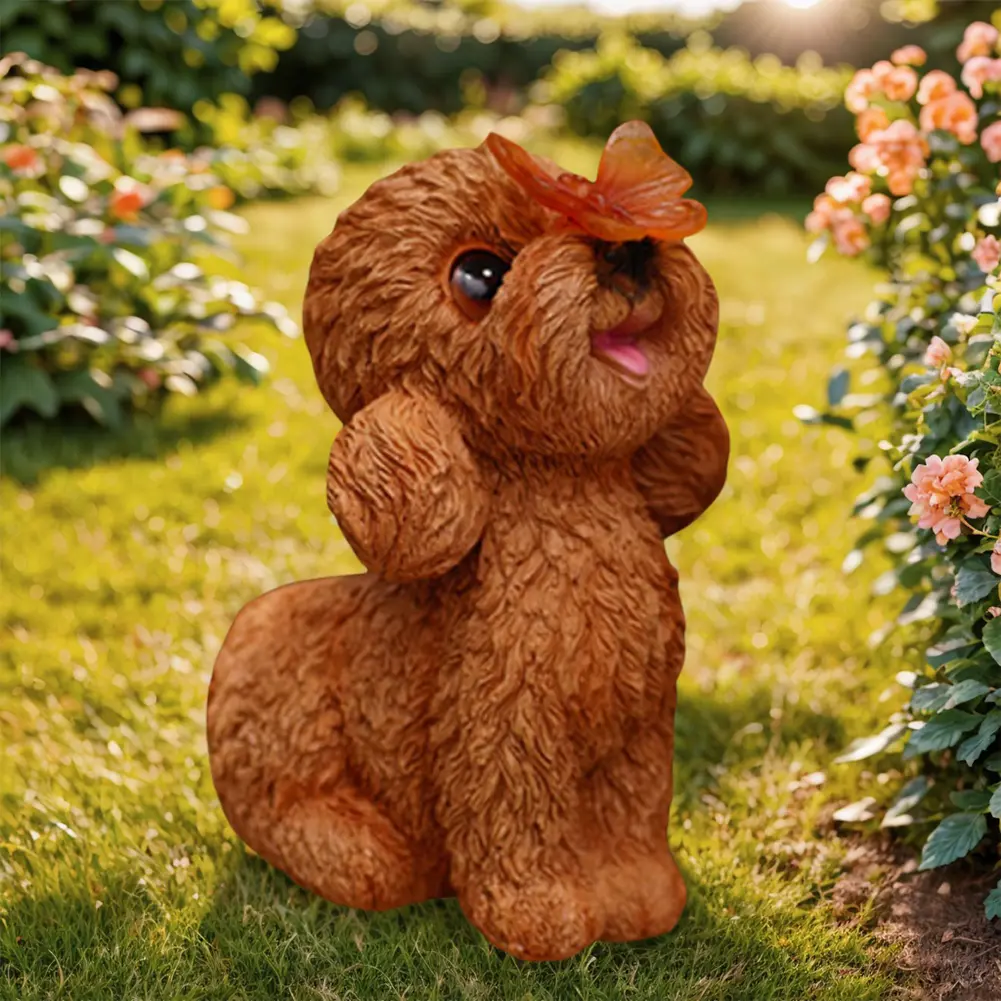 Solar Dog Statue Light Cute Puppy Statue Waterproof Resin Dog Butterfly Figurine Teddy Dog Sculpture for Outdoor Decoration