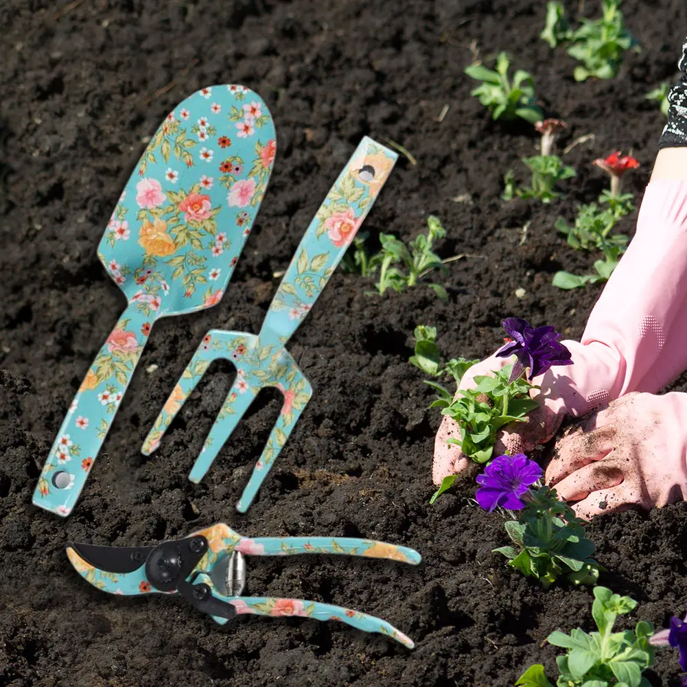 3 Piece Aluminum Gardening Tool Kit Garden Rake and Hand Trowel Garden Printing Tool Set Hand Rake Pruning Shear and Trowel