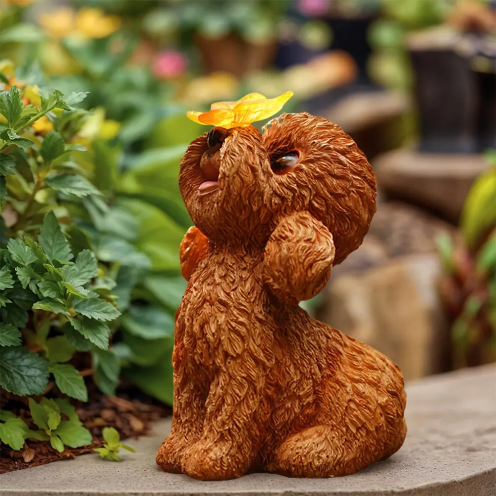 Solar Dog Statue Light Cute Puppy Statue Waterproof Resin Dog Butterfly Figurine Teddy Dog Sculpture for Outdoor Decoration