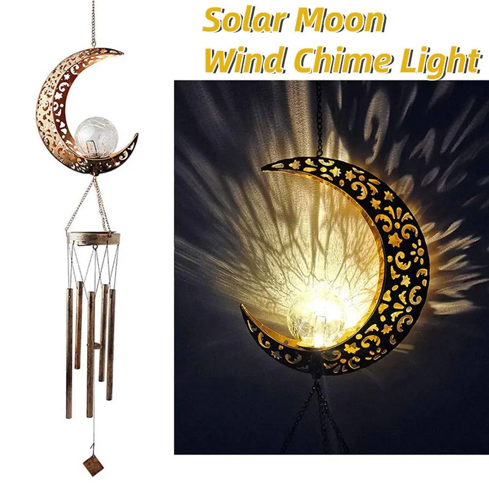 Solar Moon Wind Chimes Lamp Garden Wind Bells with Crackle Glass Ball Moon Wind Bells Light Decorative for Garden Patio Yard