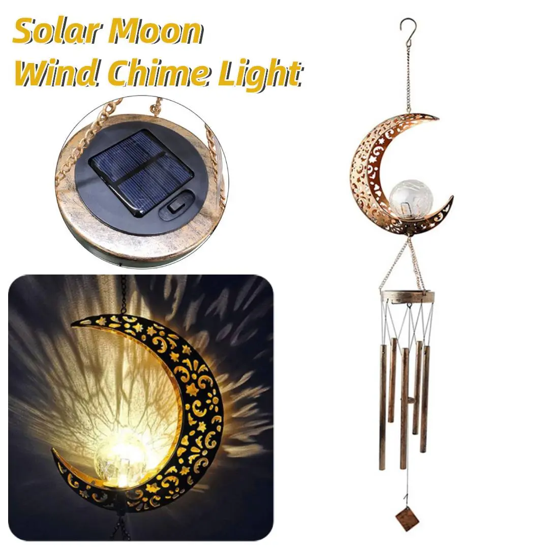 Solar Moon Wind Chimes Lamp Garden Wind Bells with Crackle Glass Ball Moon Wind Bells Light Decorative for Garden Patio Yard