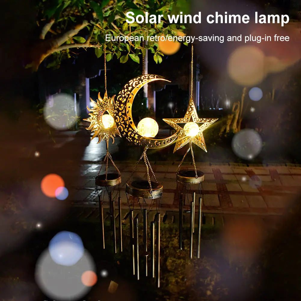 Solar Moon Wind Chimes Lamp Garden Wind Bells with Crackle Glass Ball Moon Wind Bells Light Decorative for Garden Patio Yard