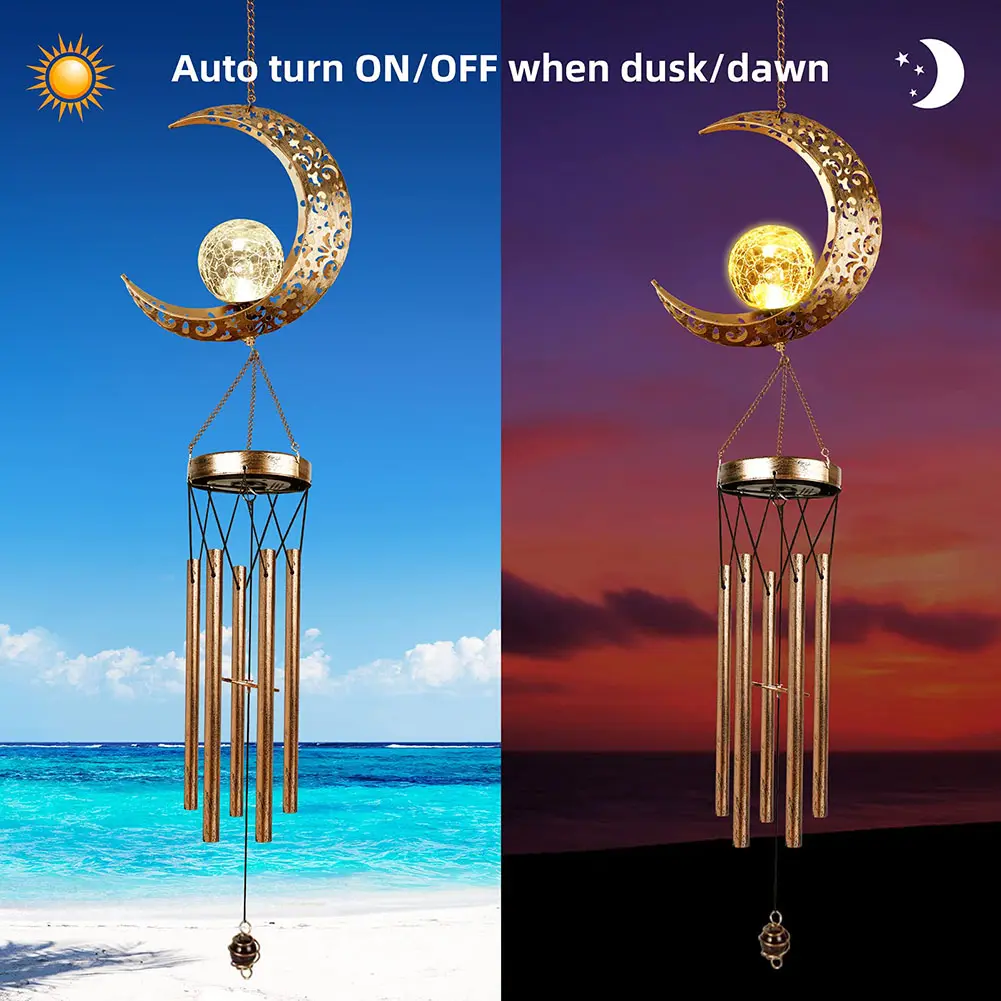 Solar Moon Wind Chimes Lamp Garden Wind Bells with Crackle Glass Ball Moon Wind Bells Light Decorative for Garden Patio Yard
