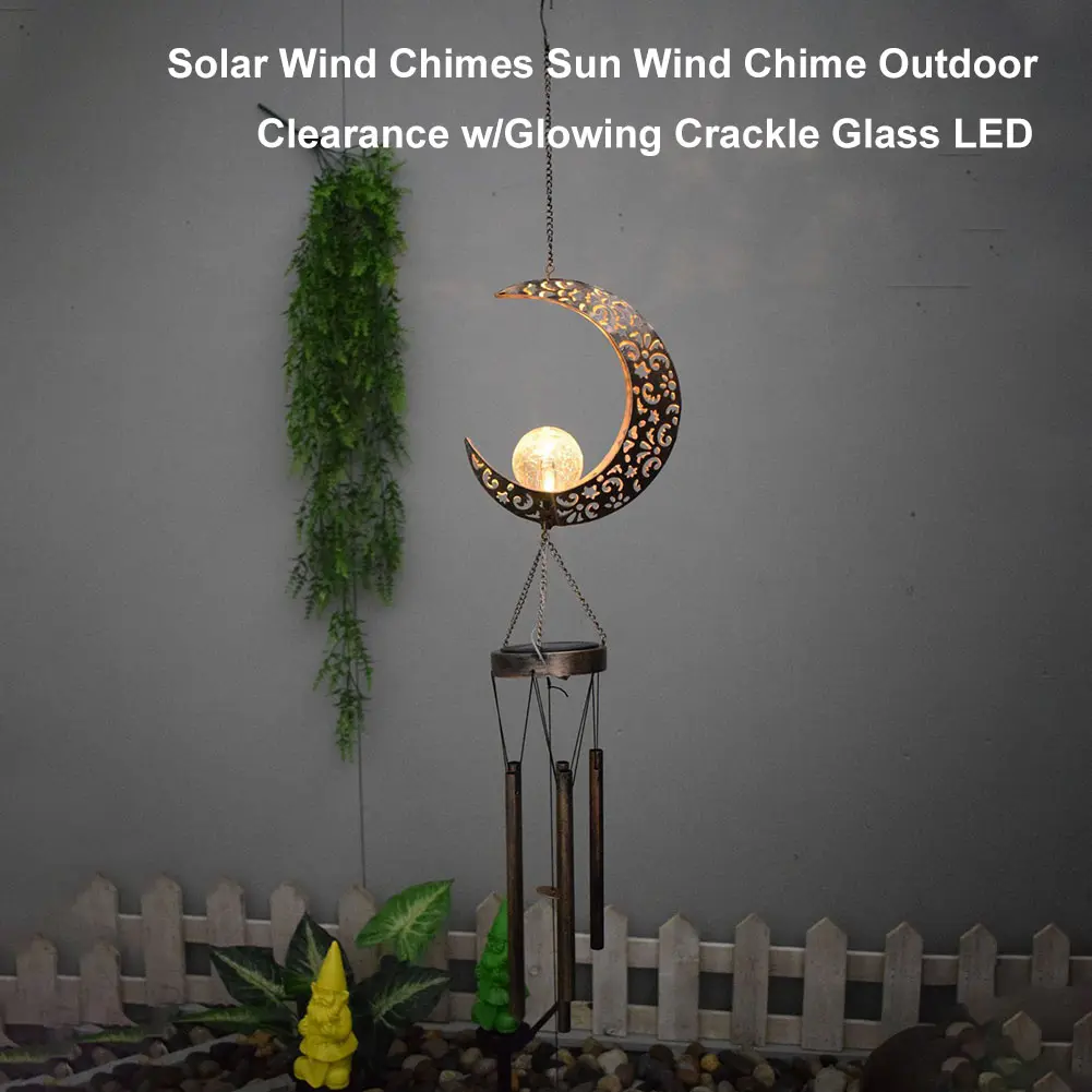 Solar Moon Wind Chimes Lamp Garden Wind Bells with Crackle Glass Ball Moon Wind Bells Light Decorative for Garden Patio Yard