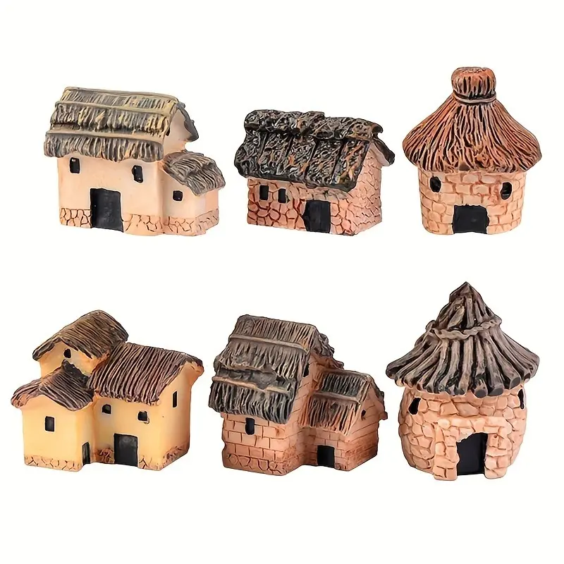 6PCS Fairy Garden Mini House Doll Accessories Miniature Village Hut Figurine Cottage DIY Dollhouse Toy Micro Landscape Decor