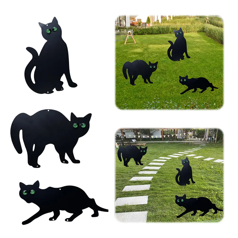 3Pcs Cat Silhouette Scarer with Reflective Eyes Cat Stakes Bird Deterrent Outdoor Cat Decorative Stakes for Yard Outdoor