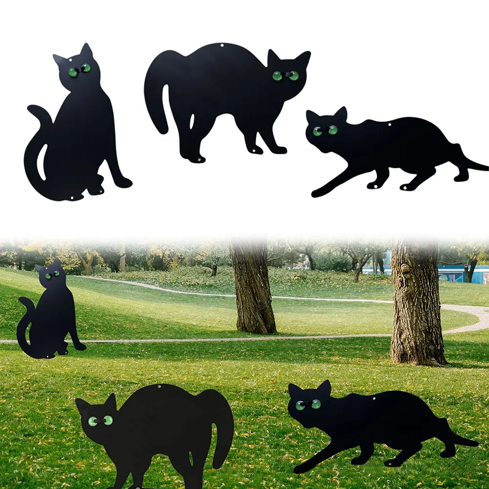 3Pcs Cat Silhouette Scarer with Reflective Eyes Cat Stakes Bird Deterrent Outdoor Cat Decorative Stakes for Yard Outdoor