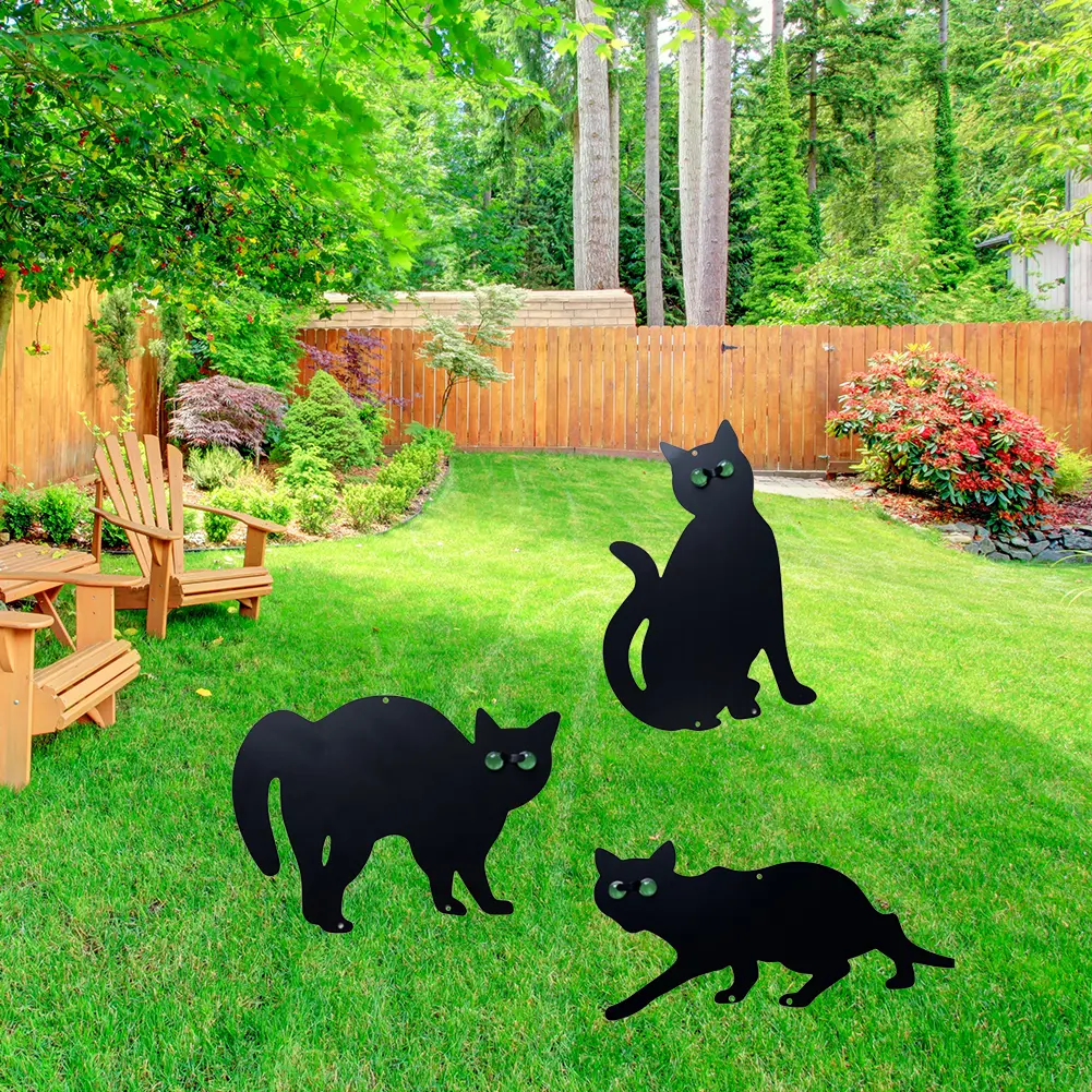 3Pcs Cat Silhouette Scarer with Reflective Eyes Cat Stakes Bird Deterrent Outdoor Cat Decorative Stakes for Yard Outdoor
